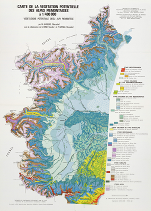 Carte de la végétation potentielle des Alpes pièmontaises (Vegetazione potenziale degli Alpi pimontese) 52 x 72 cm, 1/400 000