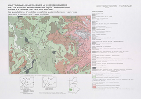 Cartographie appliquée à l'épidémiologie de la fièvre boutonneuse méditerranéenne dans la basse vallée du Rhône. Les populations de tiques éxophiles potentiellement vectrices 34 x 49 cm, 1/200 000