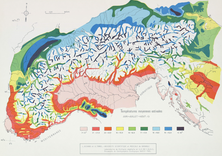 Contribution à l'étude bioclimatique de l'arc alpin. Températures moyennes estivales 38 x 27 cm, 1/2 000 000